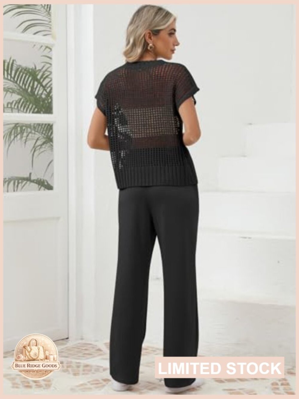 Crochet Sheer Knit Sweater Top Wide Leg Pants Lounge Set Casual Elegant - Picture 7 of 7